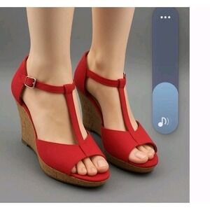 Charming Charlie's Women's Red T-Strap Peep Toe Cork Wedge Sandals Size 11